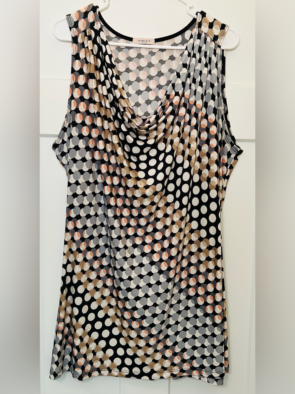Gilli Black Cowl Neck Polka Dot Dress with Cream, Gray & Peach Dots
